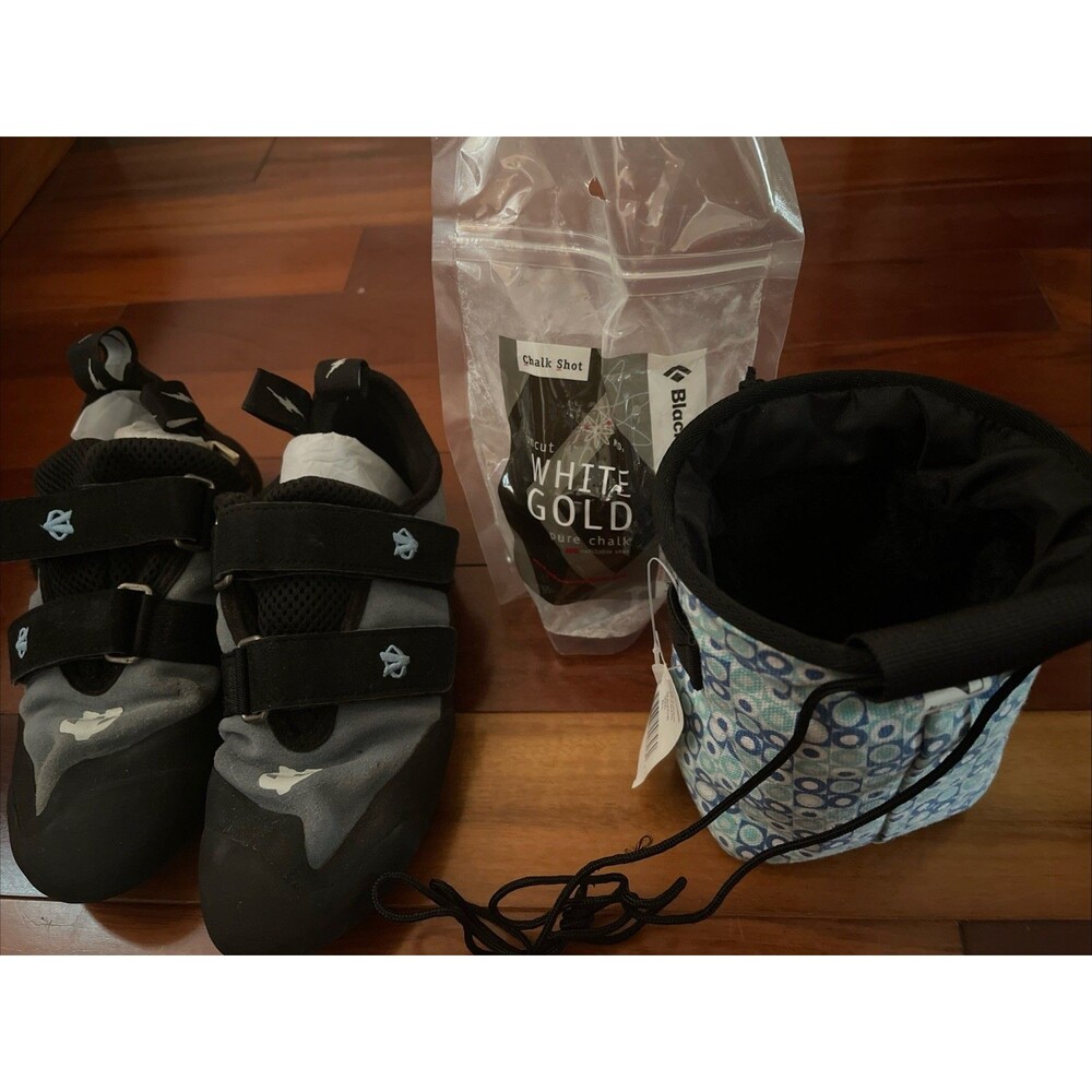 Evolv TRAX-XT5 Rock Climbing Shoes Womens 7.5 Blue/Black USA w/Chalk Bag & Chalk